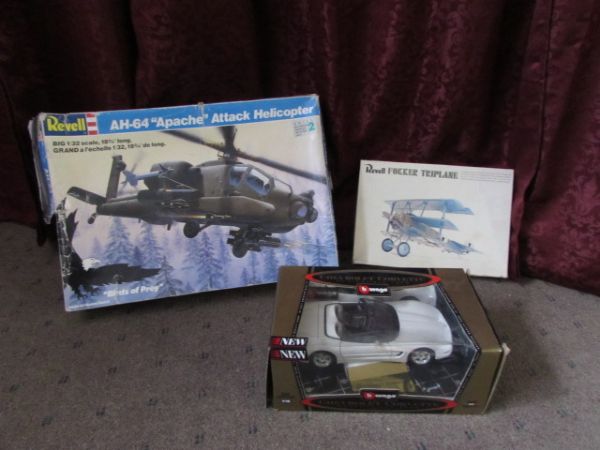 APACHE ATTACK HELICOPTER MODEL KIT, FOKKER TRIPLANE KIT AND CUSTOM CORVETTE 