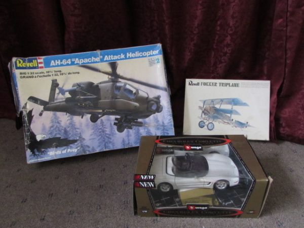 APACHE ATTACK HELICOPTER MODEL KIT, FOKKER TRIPLANE KIT AND CUSTOM CORVETTE 