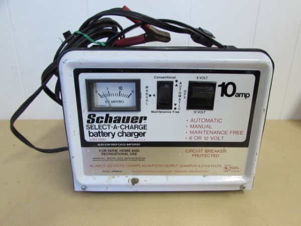 BATTERY CHARGER,  JUMPER CABLES, BACK UP ALARM & MORE