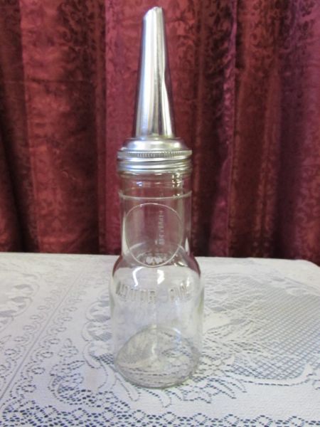 VINTAGE MOTOR OIL JAR, PLUS AN OLD YREKA A&W ROOTBEER JUG