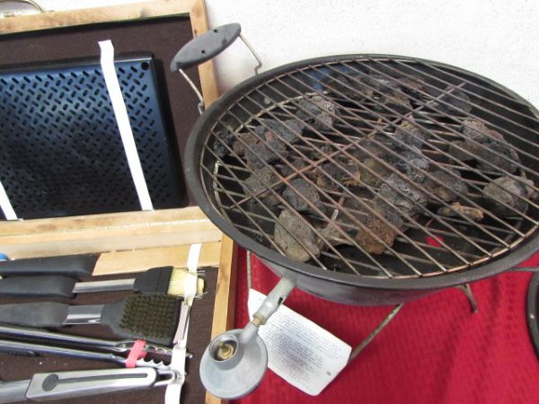  BARBEQUE TOOLS IN CUSTOM MADE CASE & VORTEX PORTABLE PROPANE BARBECUE 