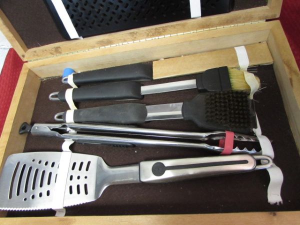  BARBEQUE TOOLS IN CUSTOM MADE CASE & VORTEX PORTABLE PROPANE BARBECUE 