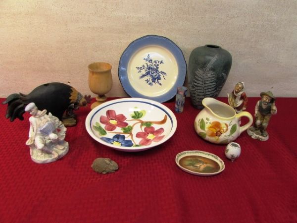 VARIETY LOT - NAPCO FIGURINES, FERN VASE, ROOSTER, TURNED WOODEN GOBLET ETC.