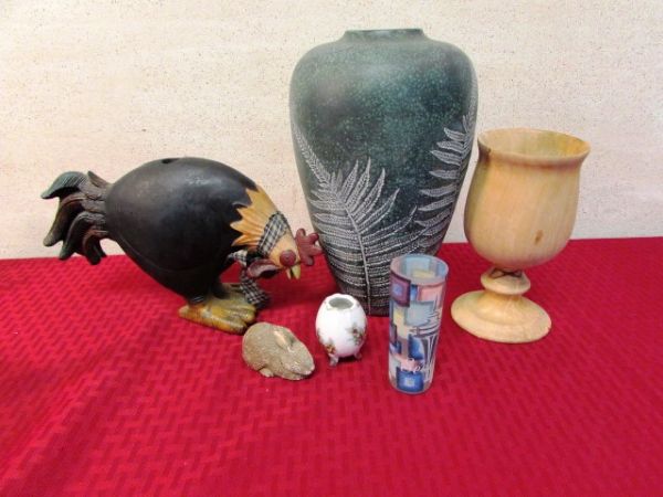 VARIETY LOT - NAPCO FIGURINES, FERN VASE, ROOSTER, TURNED WOODEN GOBLET ETC.