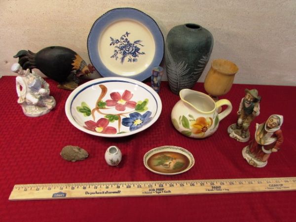 VARIETY LOT - NAPCO FIGURINES, FERN VASE, ROOSTER, TURNED WOODEN GOBLET ETC.