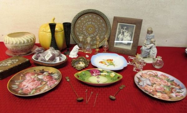 VARIETY LOT OF ANTIQUE, VINTAGE ITEMS - MOTHER OF PEARL, PERFUME BOTTLES, BAVARIAN DISHES & MORE
