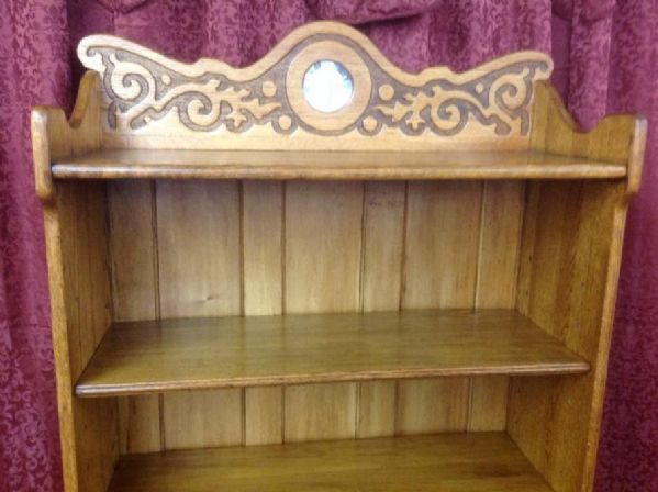 ANTIQUE OAK BOOKCASE WITH CARVED TOP, BEVELED MIRROR & DRAWER 