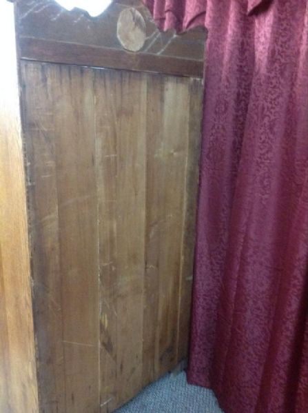 ANTIQUE OAK BOOKCASE WITH CARVED TOP, BEVELED MIRROR & DRAWER 