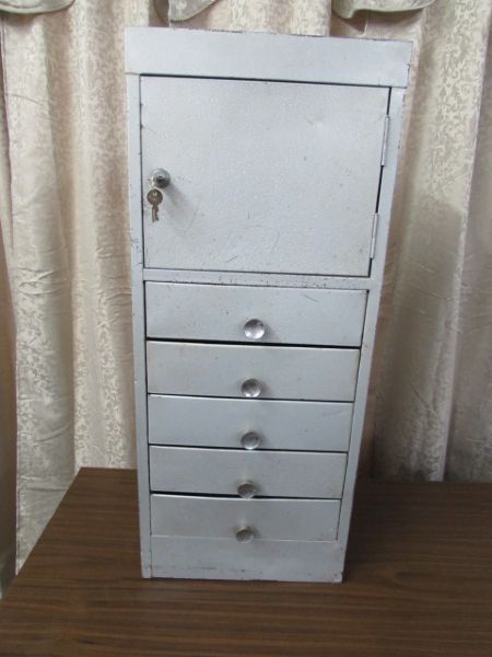 METAL CABINET WITH 5 DRAWERS, A CUBBY & THE KEYS