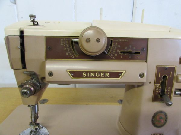 MID-CENTURY SINGER WITH CABINET & SEAT