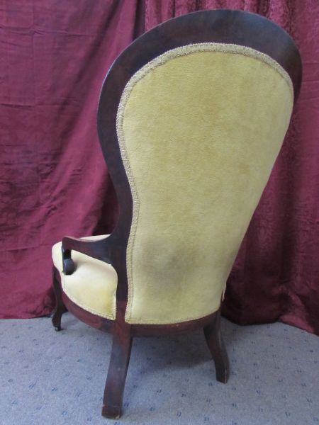 ANTIQUE CARVED WOOD, UPHOLSTERED  QUEEN'S CHAIR 