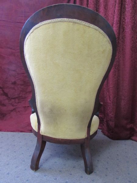 ANTIQUE CARVED WOOD, UPHOLSTERED  QUEEN'S CHAIR 