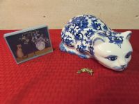 CHINA BLUE PROCELAIN CAT, KITTY CARDS & PENDANT