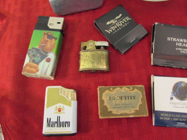 VINTAGE ASHTRAY COLLECTION WITH LIGHTERS, CIGARETTE CASE & Matches