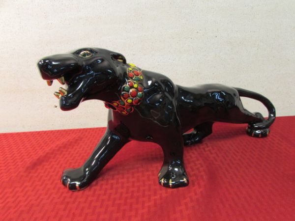 ELEGANT BLACK PANTHER & TWO HAND CARVED TIGERS