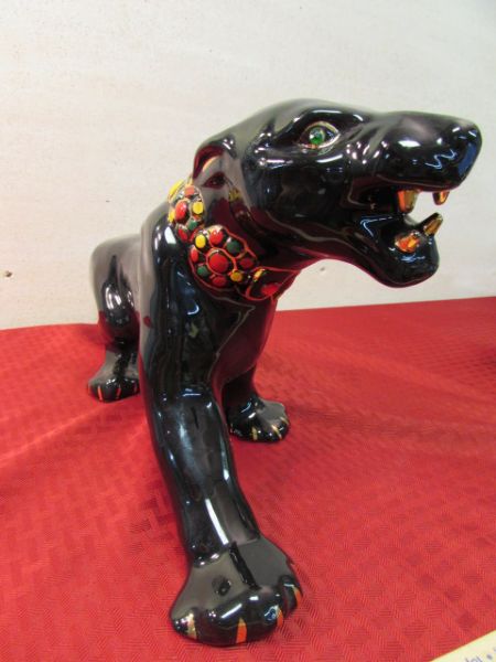 ELEGANT BLACK PANTHER & TWO HAND CARVED TIGERS