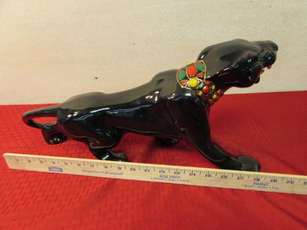 ELEGANT BLACK PANTHER & TWO HAND CARVED TIGERS