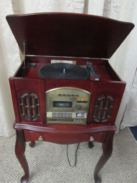 NOSTALGIC CONSOLE PHONOGRAPH WITH  AM/FM STEREO, CASSETTE & CD PLAYER