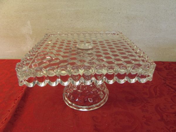 VINTAGE DEPRESSION FOSTORIA GLASS CAKE STAND & TALL GLASSES