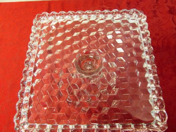 VINTAGE DEPRESSION FOSTORIA GLASS CAKE STAND & TALL GLASSES