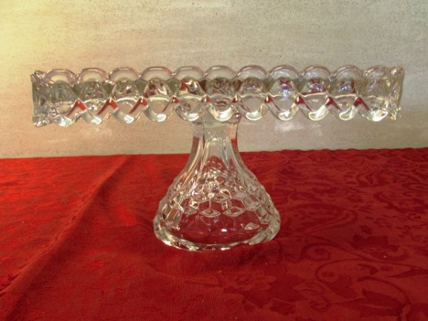 VINTAGE DEPRESSION FOSTORIA GLASS CAKE STAND & TALL GLASSES