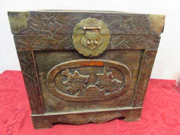 ANTIQUE CHINESE CARVED WOODEN CHEST WITH BRASS LATCH & CORNERS