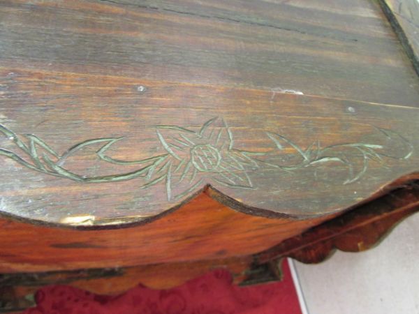 ANTIQUE CHINESE CARVED WOODEN CHEST WITH BRASS LATCH & CORNERS