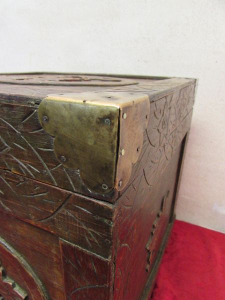 ANTIQUE CHINESE CARVED WOODEN CHEST WITH BRASS LATCH & CORNERS