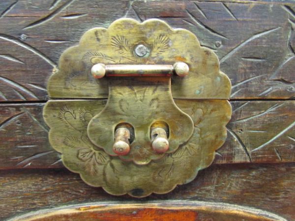 ANTIQUE CHINESE CARVED WOODEN CHEST WITH BRASS LATCH & CORNERS