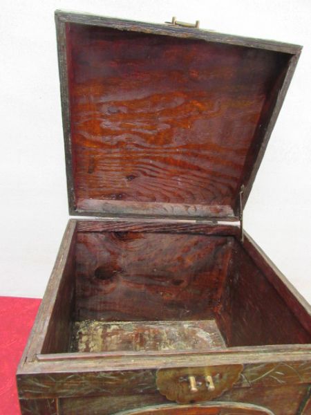 ANTIQUE CHINESE CARVED WOODEN CHEST WITH BRASS LATCH & CORNERS