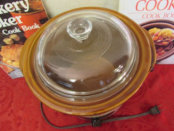 RIVAL CROCK POT WITH TWO HARDBACK COOK BOOKS.