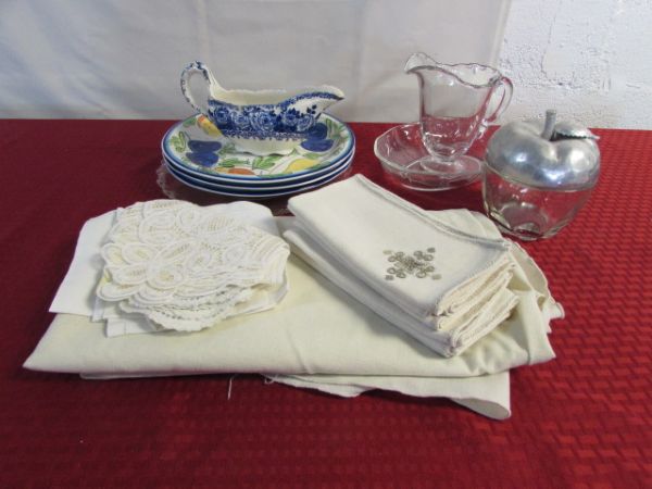 ANTIQUE GRAVY BOAT, TABLE LINENS, MATCHING PITCHER & PLATTER & MORE
