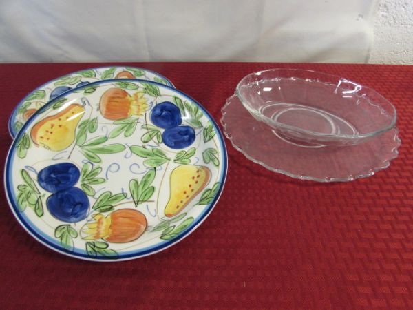 ANTIQUE GRAVY BOAT, TABLE LINENS, MATCHING PITCHER & PLATTER & MORE