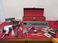 RED TOOL BOX WITH TRAY, LOTS OF TOOLS AND AN  AIR IMPACT WRENCH!