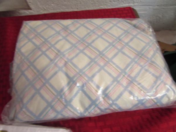 UNOPENED BLANKETS,  UNOPENED FITTED & FLAT SHEETS & CURTAINS