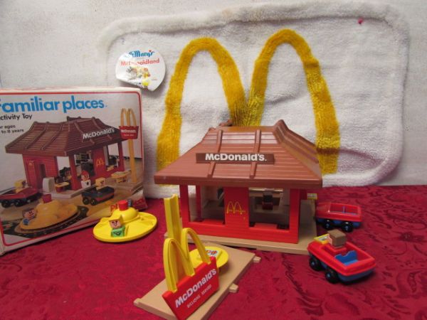 MCDONALD'S  PLAYSKOOL TOY,  8 MUGS & A GOLDEN ARCHES RUG