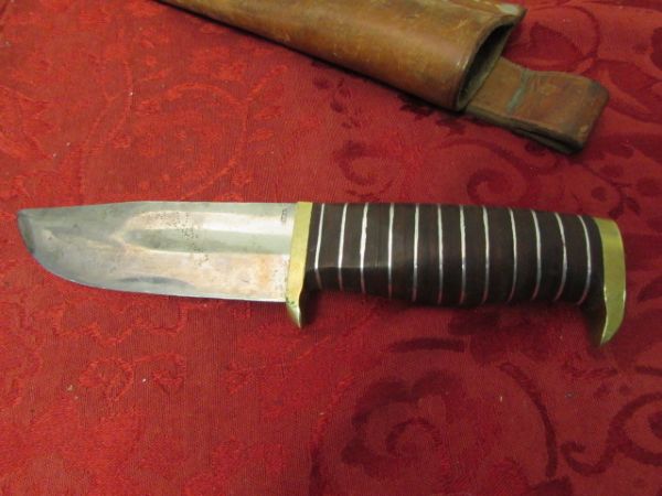 GNARLY VINTAGE KNIFE WITH STACKED LEATHER HANDLE