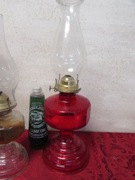 CHRISTMAS HURRICANE LAMPS, EXTRA CHIMNEYS & LAMP OIL