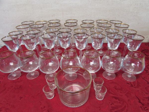 GOLD RIMMED WINE, WATER, BRANDY AND WHISKEY GLASSES