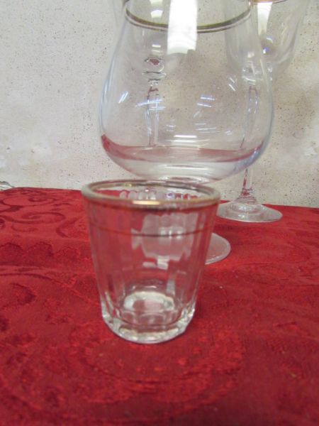 GOLD RIMMED WINE, WATER, BRANDY AND WHISKEY GLASSES