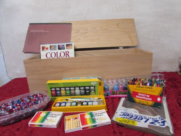 OAK & PINE WOODEN BOX FULL OF CRAFT PAINTS, CRAYONS, BEADS & MORE