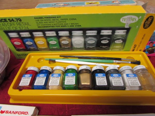 OAK & PINE WOODEN BOX FULL OF CRAFT PAINTS, CRAYONS, BEADS & MORE