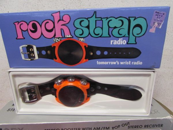 STEREO RADIO, ROCK STRAP RADIO, BABY BEN CLOCK, SANYO RADIO AND 110 CAMERA