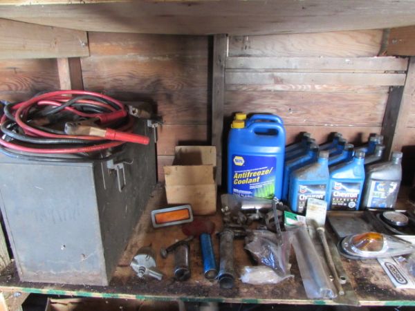 GARAGE SHELF - WITH TOOL BOX, GREASE GUNS, MOTOR OIL, JUMPER CABLES & MUCH MORE