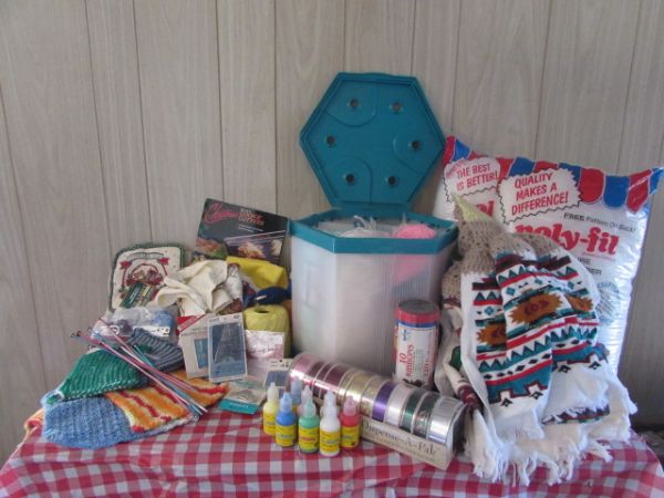 TONS OF CRAFT SUPPLIES! KNITTING SUPPLIES, CARRYING CASE, POLY FILL & MORE!