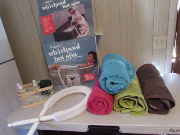 SPA AT HOME - WHIRLPOOL HOT SPA, TERRY TOWELS, BACK SCRUB & BASKET WITH LOTIONS.