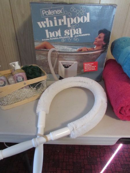 SPA AT HOME - WHIRLPOOL HOT SPA, TERRY TOWELS, BACK SCRUB & BASKET WITH LOTIONS.