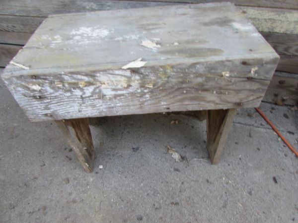 RUSTIC WOOD BENCH, CANTEENS & WATER BAGS