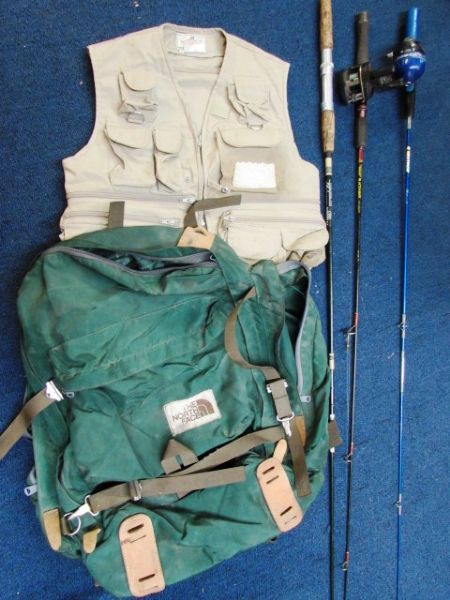 FENWICK BLACK HAWK ROD & 2 MORE,  NORTH FACE BACKPACK,  POLES & FISHING VEST