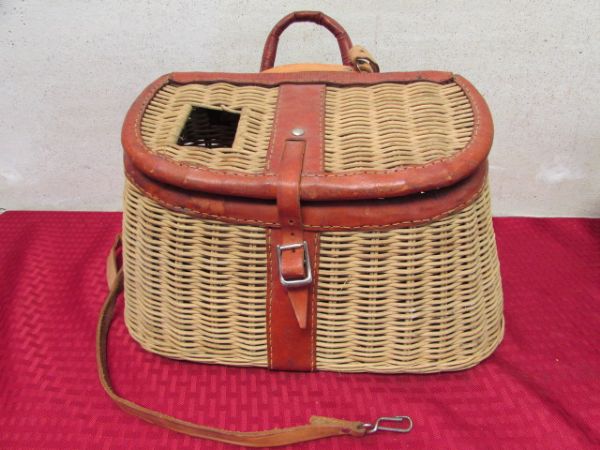 VINTAGE WICKER FISHING KREEL, TACKLE BOX & TROUT BELT BUCKLE